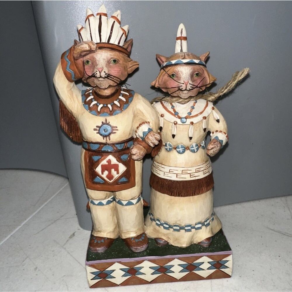 Jim Shore Tribal Tails Indian Cat Couple Thanksgiving #4022908 Great Condition